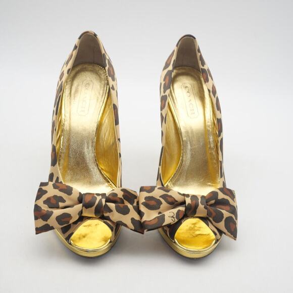 Coach Women's 8 Leopard Print Satin Peep Toe Gold Heels Daisey - Picture 7 of 11